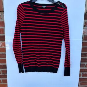 Express‎ Womens Red Black Striped Shoulder Zip Crew Neck Sweater Small